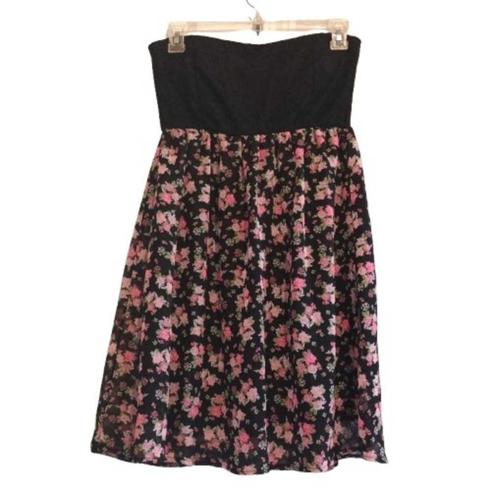 Strapless Dress Black Lace Bodice Floral Pink Roses Party Cocktail